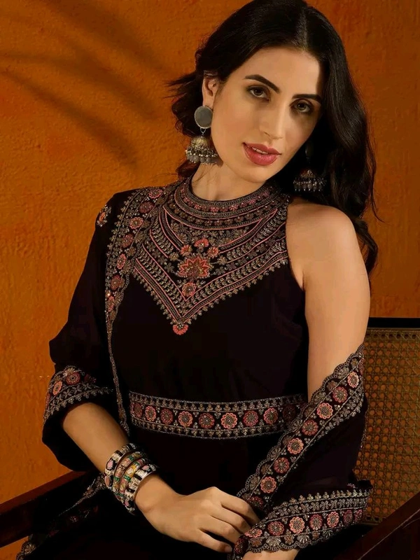 Anouk Violet Embroidered Anarkali Beads And Stones Kurta with Trousers & Dupatta - XS