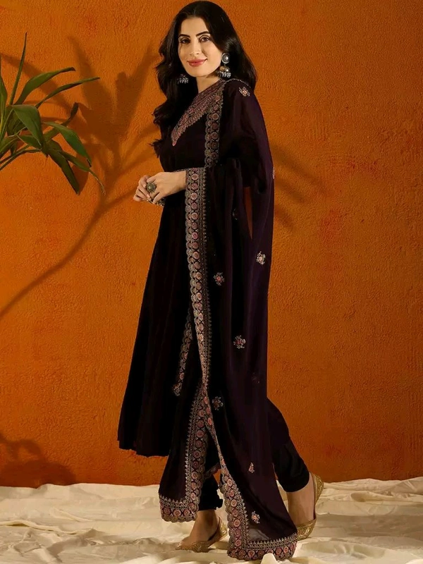 Anouk Violet Embroidered Anarkali Beads And Stones Kurta with Trousers & Dupatta - XS