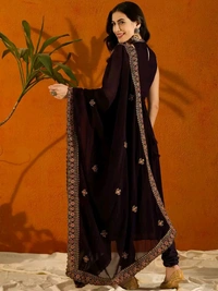 Anouk Violet Embroidered Anarkali Beads And Stones Kurta with Trousers & Dupatta - S