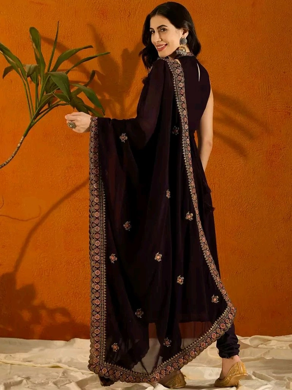 Anouk Violet Embroidered Anarkali Beads And Stones Kurta with Trousers & Dupatta - S