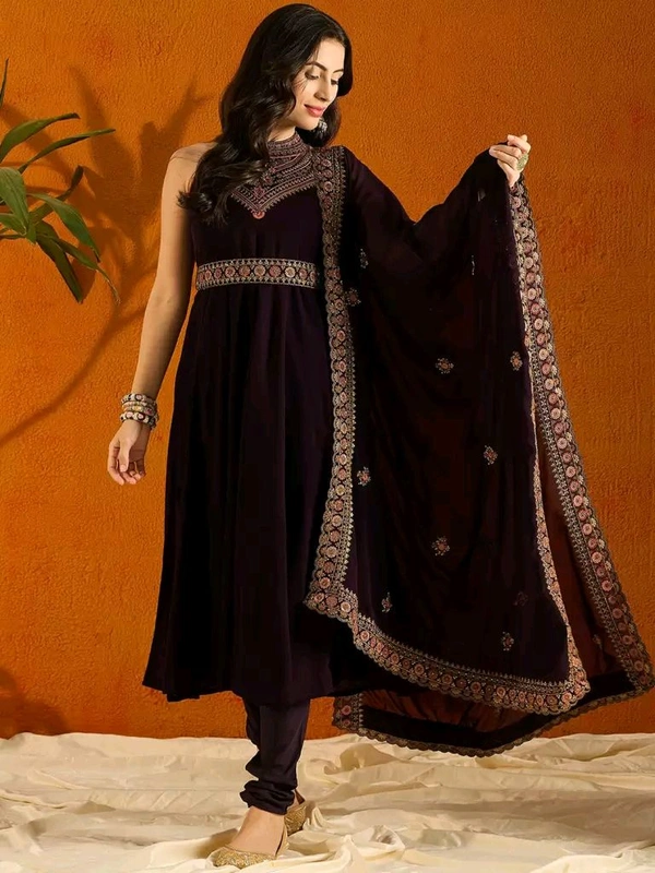 Anouk Violet Embroidered Anarkali Beads And Stones Kurta with Trousers & Dupatta - XL