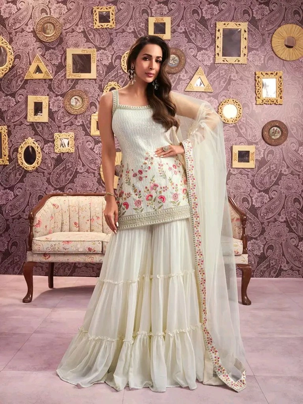 Inddus Floral Embroidered Georgette Sequinned Straight Kurti & Sharara with Dupatta - S
