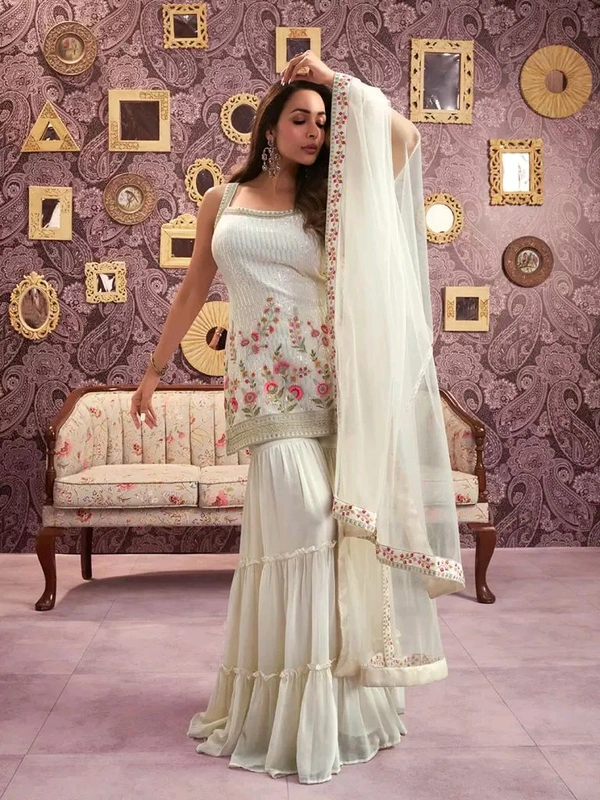 Inddus Floral Embroidered Georgette Sequinned Straight Kurti & Sharara with Dupatta - S