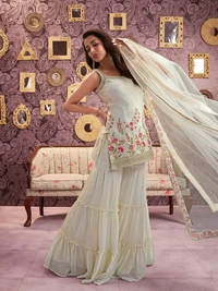 Inddus Floral Embroidered Georgette Sequinned Straight Kurti & Sharara with Dupatta - S