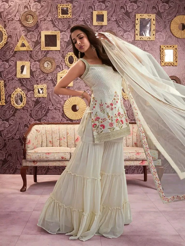 Inddus Floral Embroidered Georgette Sequinned Straight Kurti & Sharara with Dupatta - S