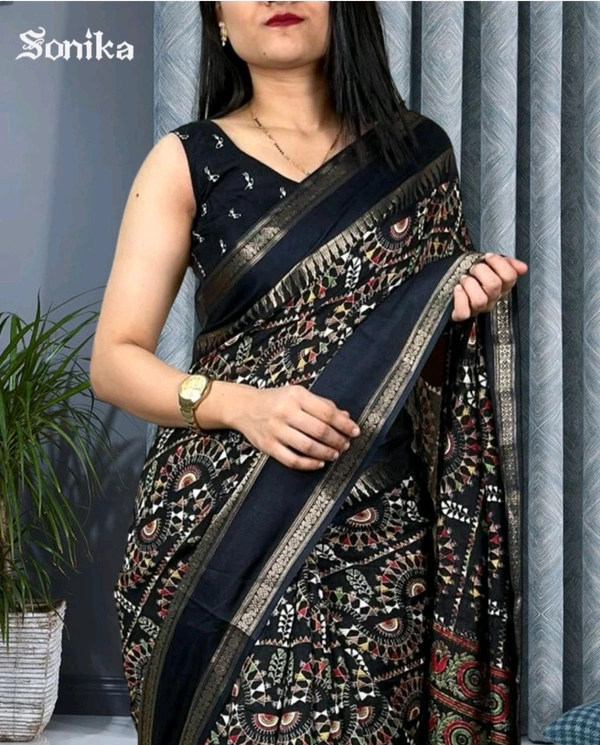 Femane Printed Ikkat Cotton Silk Saree (Black) - Black