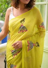 BongLooms Ready to Wear Embroidered Sharara Saree Handloom Pure Cotton Saree (Yellow)