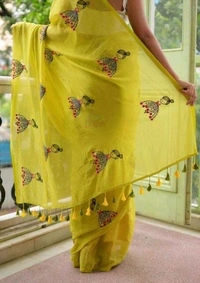 BongLooms Ready to Wear Embroidered Sharara Saree Handloom Pure Cotton Saree (Yellow)