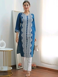 Youthnic Women Chikan Embroidery Cotton Rayon Straight Kurta (Blue) - XXL