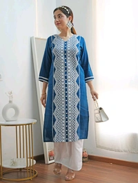 Youthnic Women Chikan Embroidery Cotton Rayon Straight Kurta (Blue) - XXL