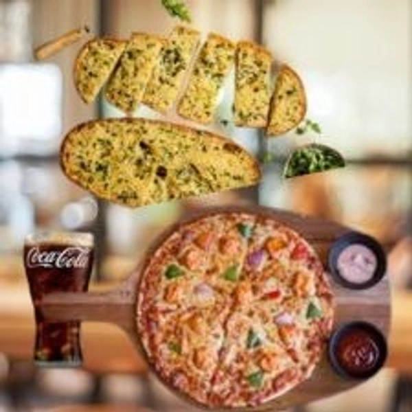 Loaded Family Treat - Medium Tandoori Pizza , Garlic Bread , Coke