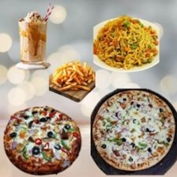 Meal For 2 Medium Pizza - Small Double Toping ,Medium Single Toping , French Fry , Veg Maggi , ButterScotch Shake