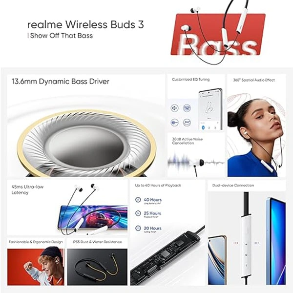 Realme Buds Wireless 3 In Ear Bluetooth Neckband - Pure Black - Black, New