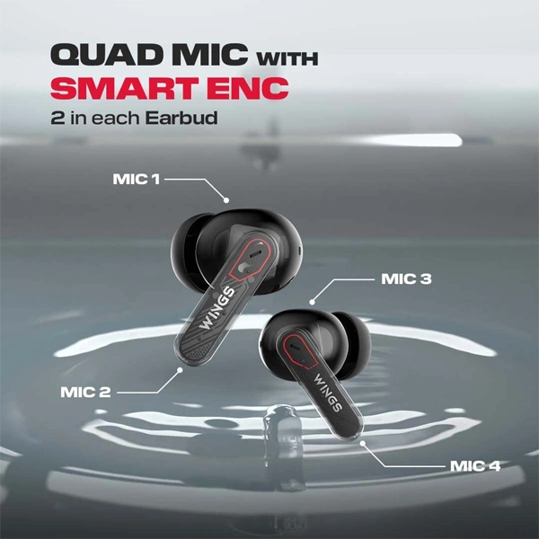 WINGS Wings Phantom 340 ANC Earbuds with Quad ENC Mic - Black - Black
