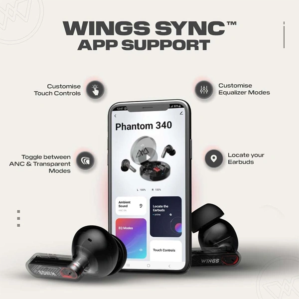 WINGS Wings Phantom 340 ANC Earbuds with Quad ENC Mic - Black - Black