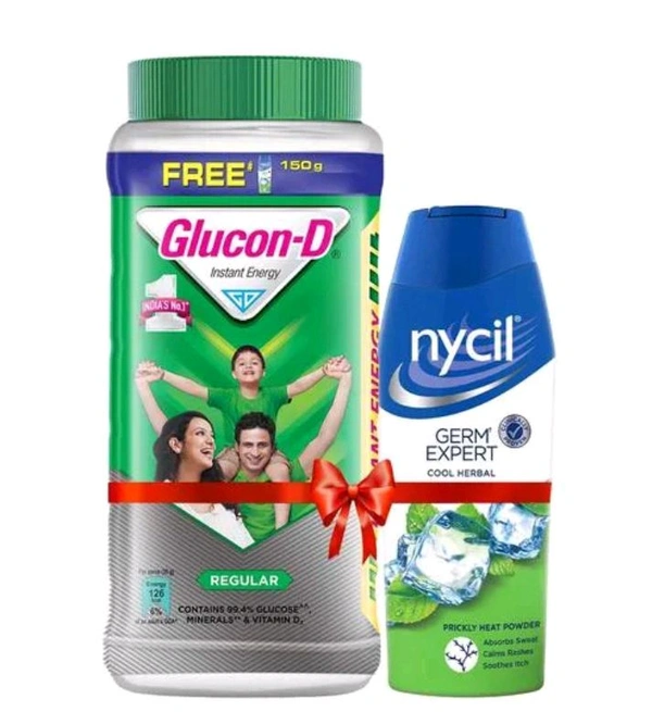 Glucon D  Instant Energy Health Drink Regular Jar 1kg+Nycil Pricky Heat Powder 150g Free 