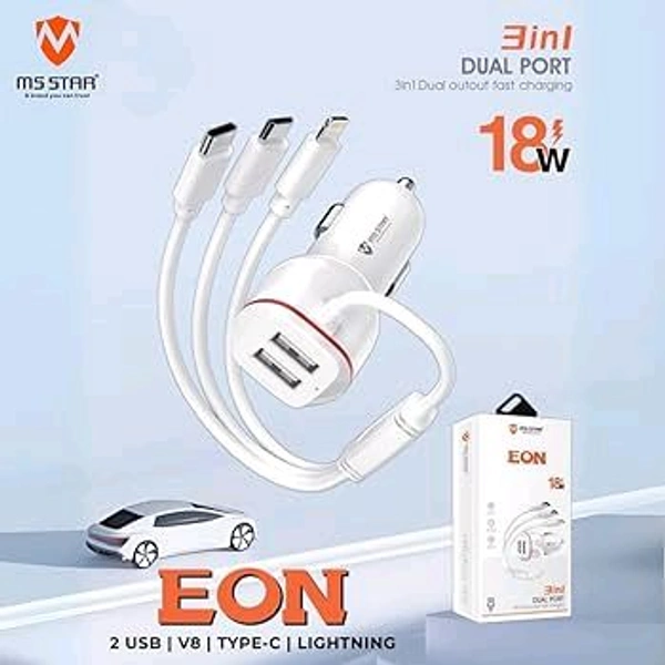 
MS STAR 18W Eon Car Charger USB C Fast Charging | 3 in 1 Dual Port for iPhone 16 Pro Max 15 14 13 12 Samsung Galaxy S25 Android