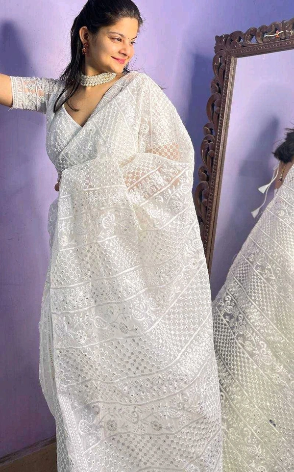Organza White Saree
