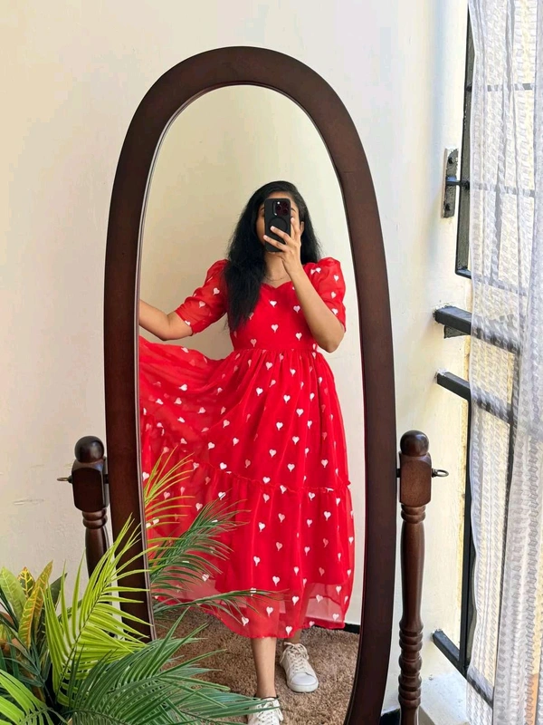 Valentine Red Heart Embroidery Midi Gown