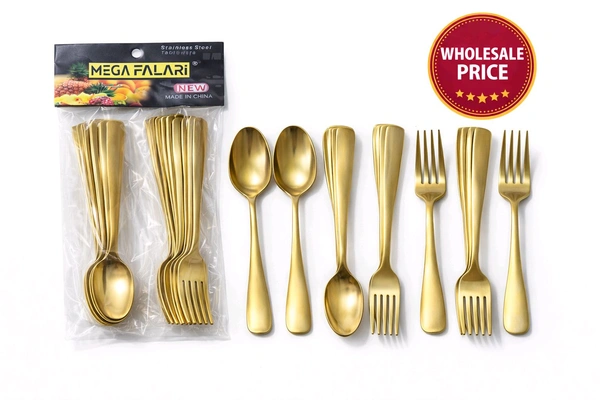 Mega Falari 12 PCS Gold Cutlery Set | 6 Spoon + 6 Fork | Stainless Steel Premium Finish | Best Wholesale Item
