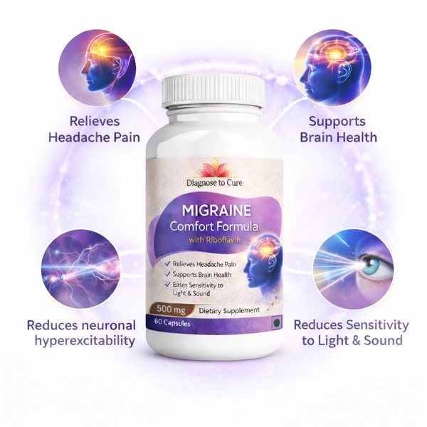 Migraine Comfort Formula with Riboflavin (Vitamin B2) – Headache & Migraine Support, Brain Health, Light Sensitivity Support – 500 mg, 60 Capsules