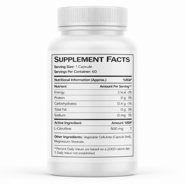 L-Citrulline 500 mg Capsules – Nitric Oxide Booster for Blood Circulation, Exercise Performance & Muscle Recovery | 60 Capsules