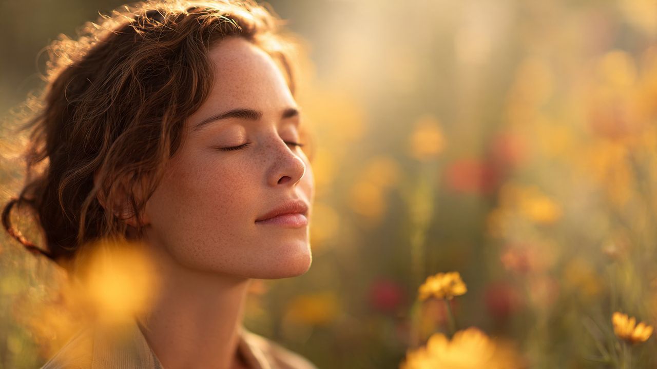 A woman breathing deeply in a sunny field of flowers, representing the feeling of natural relief from seasonal allergies.