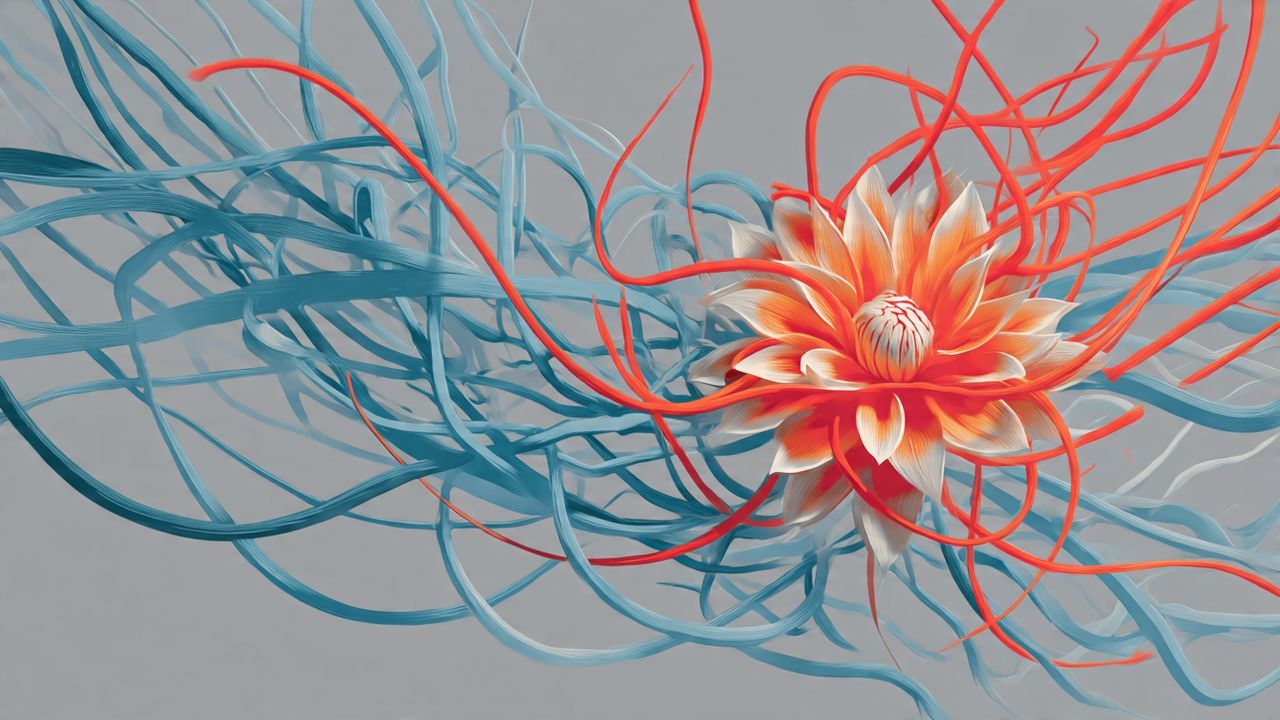 Conceptual art illustrating the transition from anxiety (chaotic red lines) to calm (smooth blue waves), with a passion flower at the center as the transformative natural remedy.