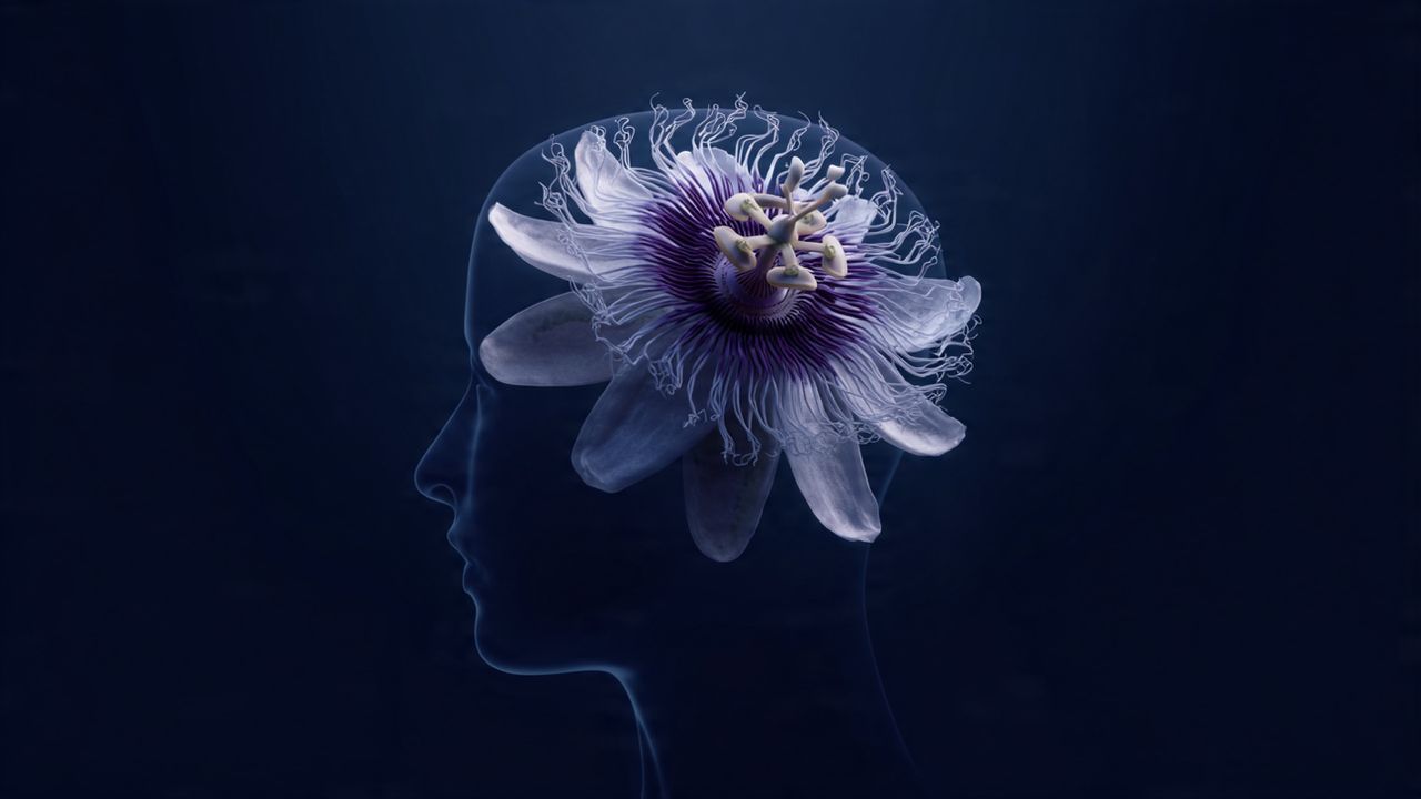 A minimalist silhouette of a head with a glowing passion flower inside, representing how the herb calms the brain to relieve anxiety and promote deep sleep.