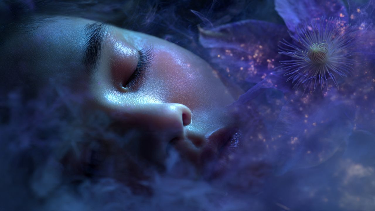 An ethereal dreamscape showing a person in deep, restful sleep with a passion flower floating nearby, symbolizing the supplement's benefit for improving overall sleep quality.