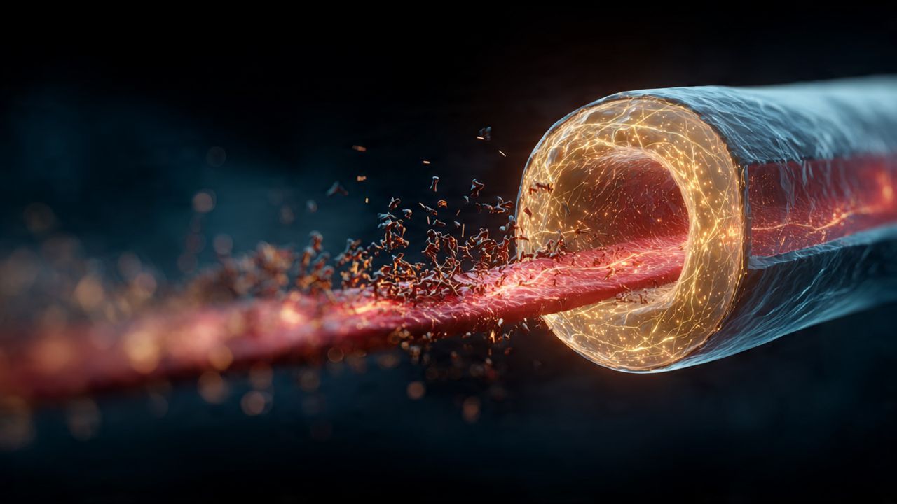 A modern visualization of a blood vessel protected by a golden shield, representing how quercetin supports cardiovascular health by defending arteries from oxidative stress.