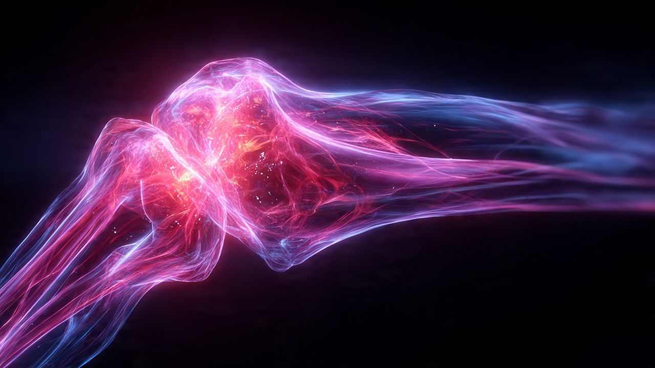 A scientific visualization of a joint, where a cooling blue light representing quercetin's benefits modulates an intense red glow of inflammation down to a healthy, balanced level.