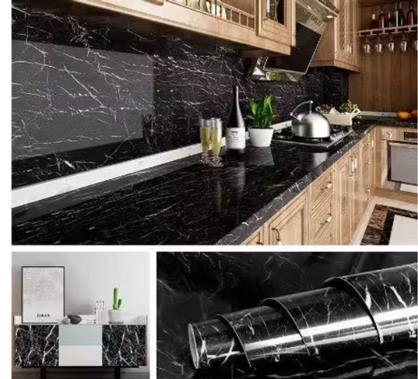 Aluminium foil Stickers 60 x 200 cm (Black), Oil Proof Kitchen Stove Stickers, Waterproof and Heat Resistant Contact Paper for Kitchen and Multiple uses in Kitchen (Black Marble wallpaper)