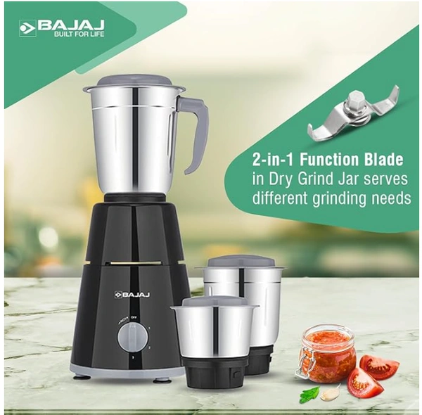 Bajaj GX-1 Mixer Grinder 500W | Superior Mixie For Kitchen | 2-In-1 For Dry Grinding | Blade Function With Titan Motor | 3 Stainless Steel Mixer Jars | 1 Year Product Warranty By Bajaj 【Black】