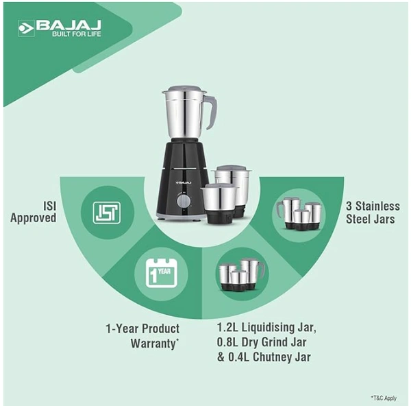 Bajaj GX-1 Mixer Grinder 500W | Superior Mixie For Kitchen | 2-In-1 For Dry Grinding | Blade Function With Titan Motor | 3 Stainless Steel Mixer Jars | 1 Year Product Warranty By Bajaj 【Black】