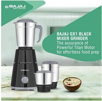 Bajaj GX-1 Mixer Grinder 500W | Superior Mixie For Kitchen | 2-In-1 For Dry Grinding | Blade Function With Titan Motor | 3 Stainless Steel Mixer Jars | 1 Year Product Warranty By Bajaj 【Black】