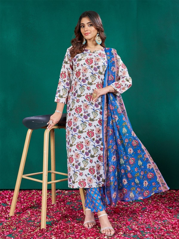Cotton Blend Printed Kurti Pant Dupatta Set