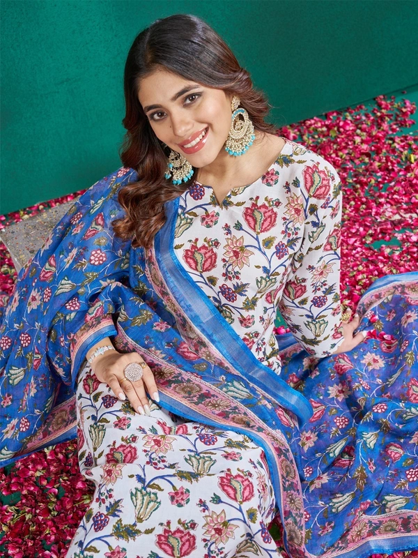 Cotton Blend Printed Kurti Pant Dupatta Set