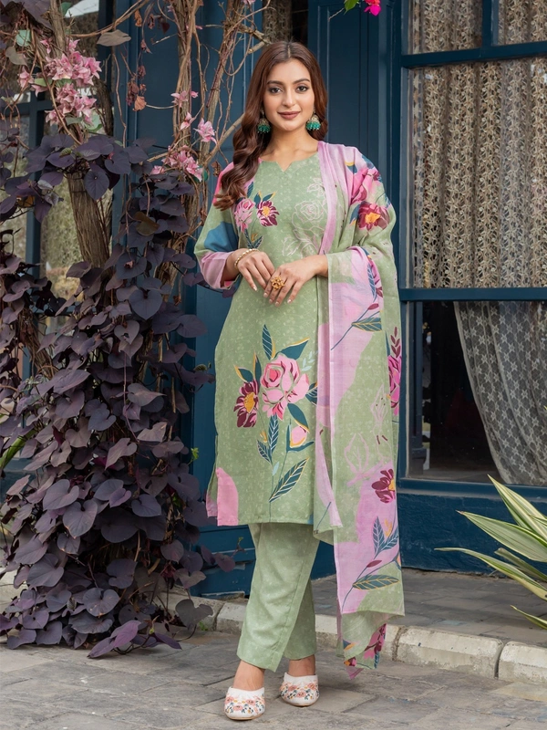 Cotton Blend Printed Kurti Pant Dupatta Set