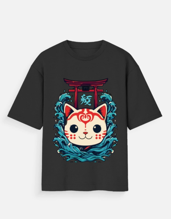 Deepa's Vasthraalayam Manekineko style cat Oversized Tshirt (Premium)