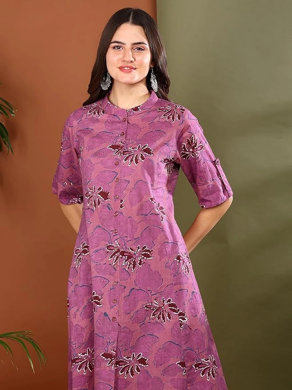 Deepa's Vasthraalayam Women's Cotton Floral Print Knee Length Half Sleeve A-line Kurta With Pant