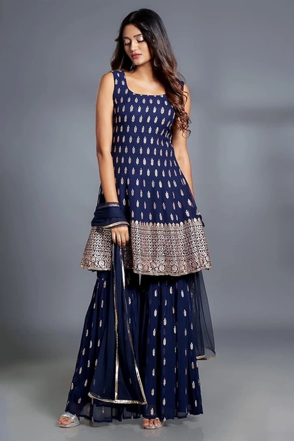 Deepa's Vasthraalayam Women's Embroiderd Wedding Wear Anarkali Kurta Sharara Set