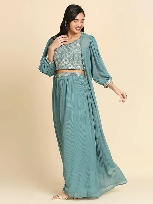 Deepa's Vasthraalayam Women's Georgette Lehenga And Choli With Long Shrug Set Embroidery