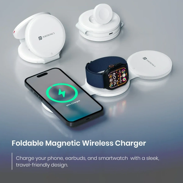 Portronics ChargeMate Trio 15W Wireless Output | Multifunctional Cable Kit | Earbuds/Watch Wireless Charging | Mobile Stand