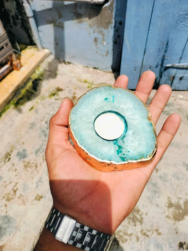 Agate T Light Candle Holder  - Fountain Blue, 4 In