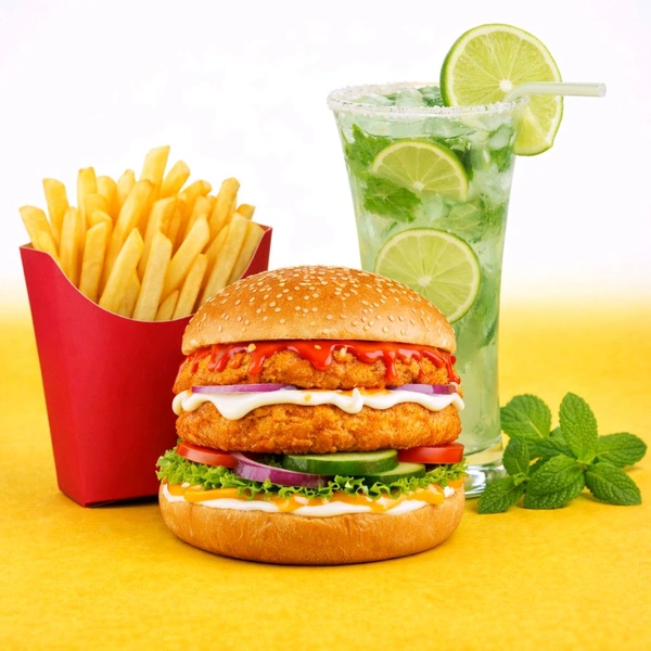 Spicy Paneer And Aloo Tikki Burger With French Fry 