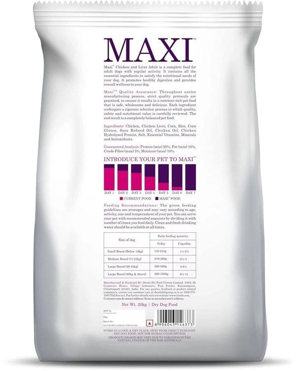 Maxi Adult Dry Dog Food, Chicken and Liver, 20 kg Pack