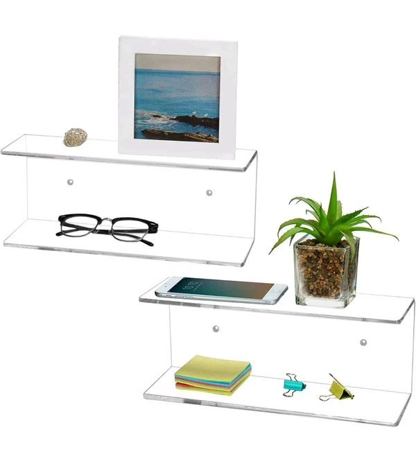 2 Tier Clear Acrylic Wall Mounted Floating Display Shelves, Set of 2