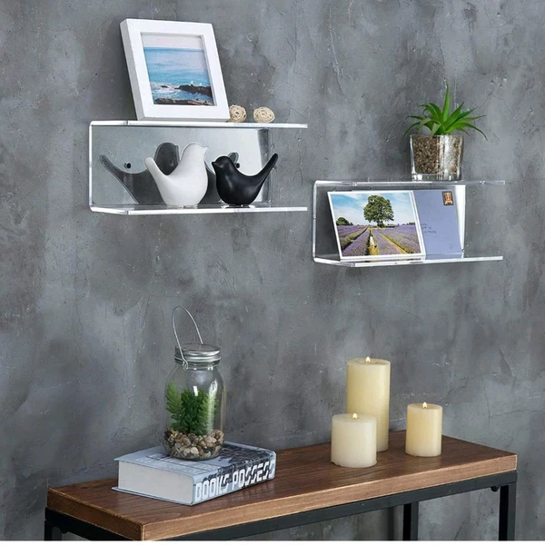 2 Tier Clear Acrylic Wall Mounted Floating Display Shelves, Set of 2