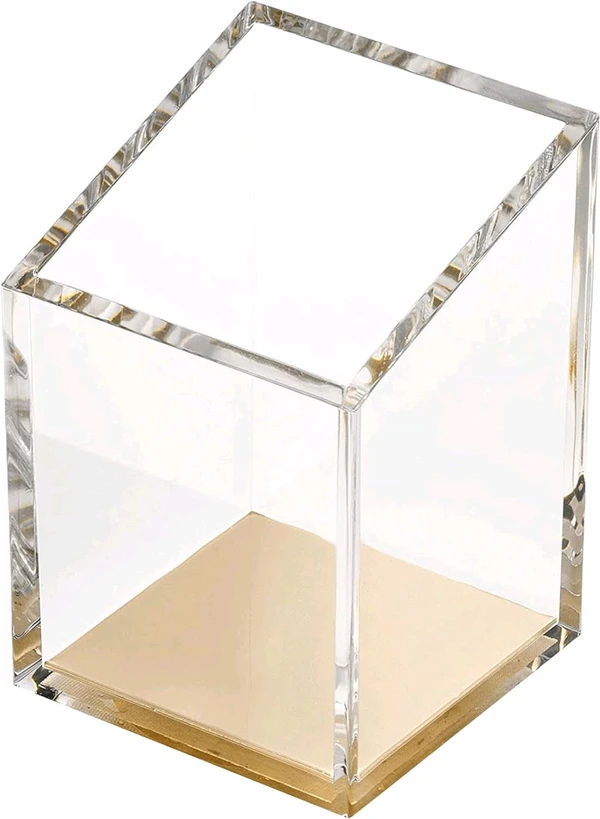  Pack of 2 Acrylic Pen & Pencil Holder - Modern Beautiful Desk Organizer for Home or Office - Contrasting Metal Base - 3" Square w/ 3..0" Front & 4.0" Back - Gold Base - Clear